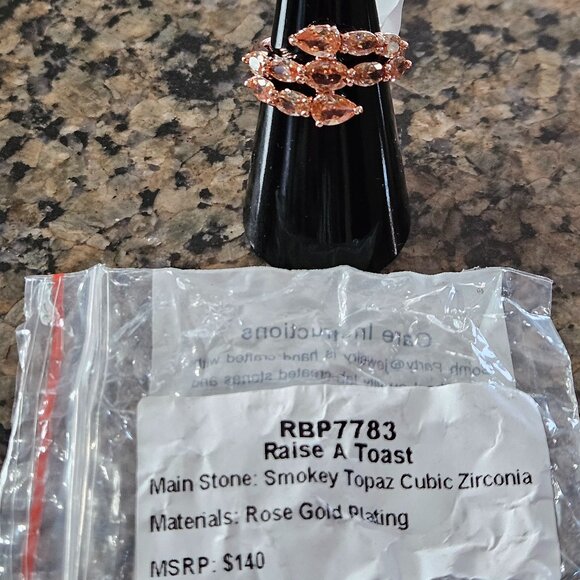 Bomb Party RBP7783 "Raise a Toast" Smokey Topaz Cubic Zirconia Rose Gold Sz 6 - Picture 5 of 5